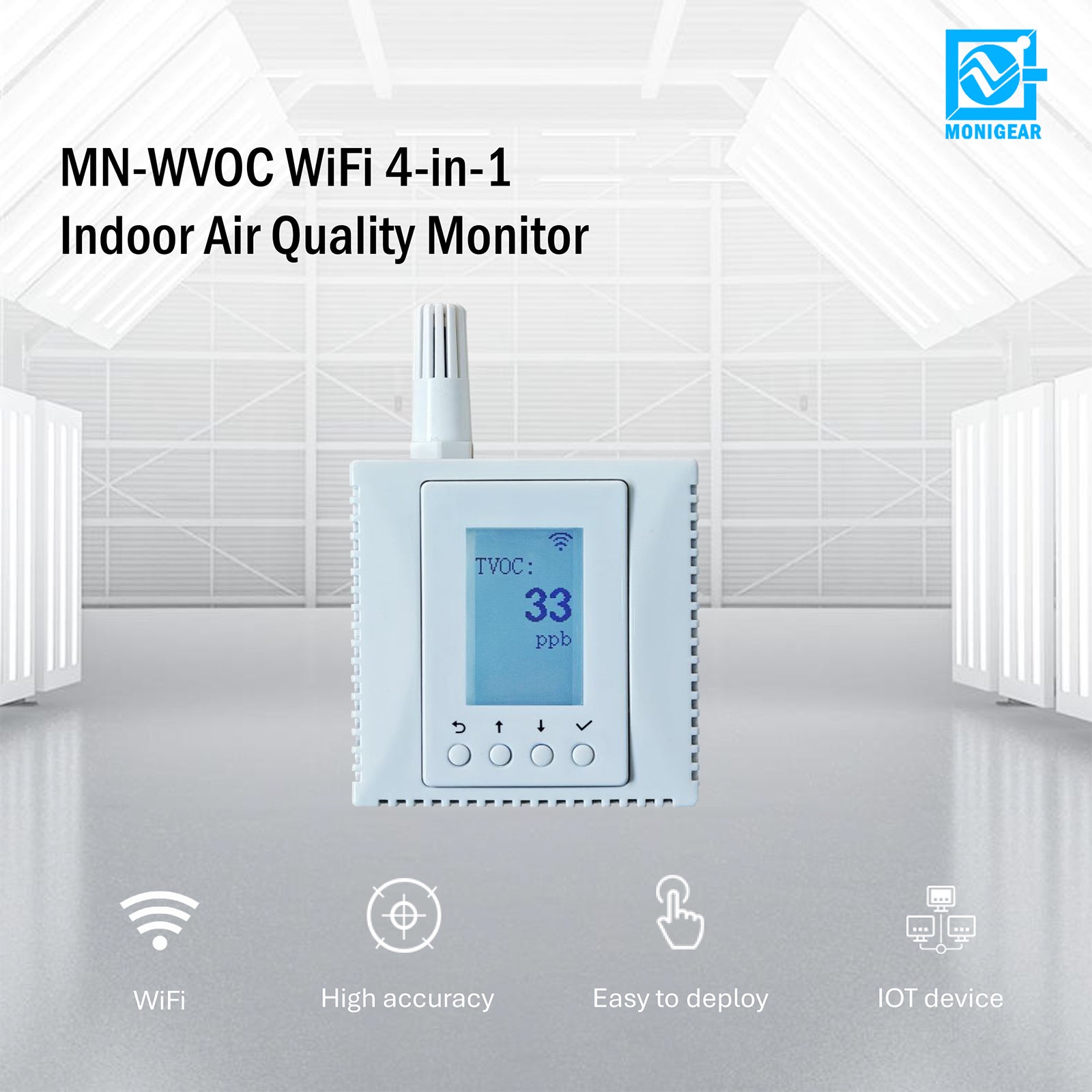 MONIGEAR Wifi 4-in-1 Air Quality Monitor - Professional TVOC CO2 Sensor